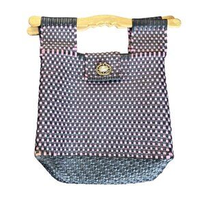 Handmade Woven Plastic Tote Bag Wooden Handles Magnetic Snap Closure Black Pink